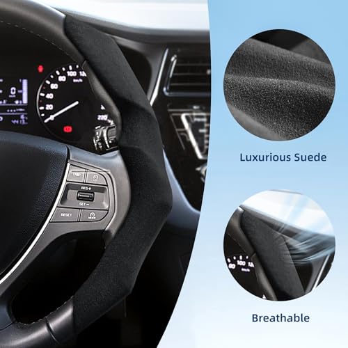 Suede Steering Wheel Cover with Anti-Slip Lining and Segmented Design 2pcs Universal Steering Wheel Protector for Men and Women, Car Interior Accessory (Suede Black)