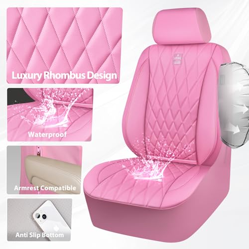 CAR PASS Piping Luxury Leather Two Front Car Seat Covers, Cute Girly Waterproof Anti Slip Seat Covers Compatible with Front Seat Armrests,Universal Fit for Suvs,Vans,Trucks,Airbag Compatible(All Pink) - color: All Pink, size: Two Front