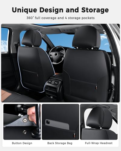 Huidasource Seat Covers Full Set, Universal Fit for Most Cars SUV Trucks, Full Coverage Leather Seat Cover, Airbag, Cupholder Compatible, Seat Function Retain, Easy Install with Velcro, Black & Brown - color: FS: Black&Brown, size: Full Set