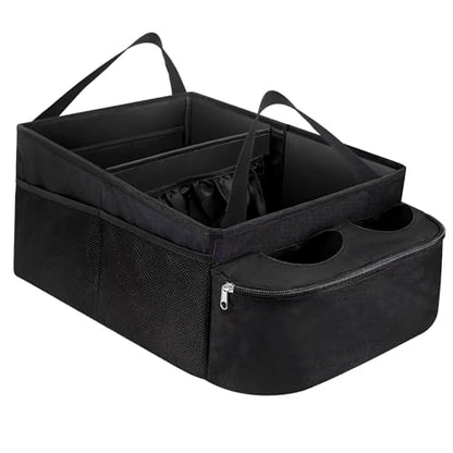Car Passenger Seat Organizer, Collapsible Oxford Fabric Car Organizer with Partitions & 2 Cup Holders, Multi-Purpose Large Capacity Storage Box for Front & Back Seats