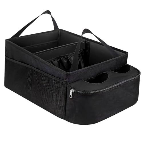 Car Passenger Seat Organizer, Collapsible Oxford Fabric Car Organizer with Partitions & 2 Cup Holders, Multi-Purpose Large Capacity Storage Box for Front & Back Seats