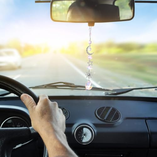 Moon and Star Rear View Mirror Car Charm, Cute Boho Sun Catcher Pendant Hangings Ornaments Healing Crystals Stones Car Decor for Women Men(B)
