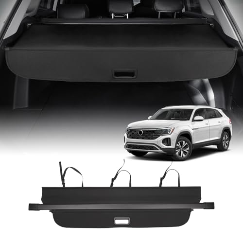Powerty Retractable Cargo Cover for 2018-2024 VW Atlas(NOT for Cross Sport), Canvas Texture Trunk Cover Privacy Screen Rear Security Shade for Volkswagen Atlas Accessories(with Extented Cover) - size: 2018-2024 | VW Atlas