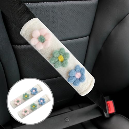 2-Pack Soft Seat Belt Covers Universal Car Shoulder Pad Cushions for Comfortable Driving & Bag Strap Protection White Fuzzy Flower (Blue, Green & Pink) - color: Blue Green Pink Flower