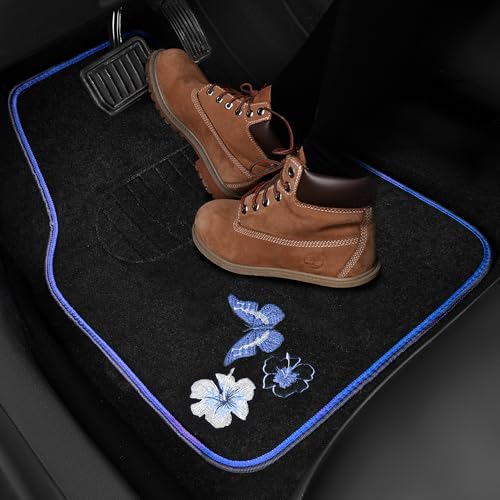 CAR PASS Universal Fit Embroidery Butterfly and Flower Car Floor Mats, Blue Car Floor Mats Fit 95% Automotive,SUVS,Sedan,Vans,for Women,Girly,Set of 4 (Black with Blue) - color: Blue Butterfly and Flower