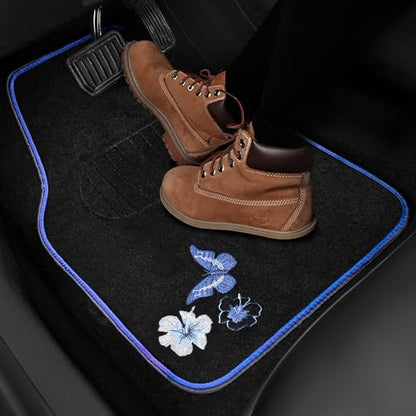 CAR PASS Universal Fit Embroidery Butterfly and Flower Car Floor Mats, Blue Car Floor Mats Fit 95% Automotive,SUVS,Sedan,Vans,for Women,Girly,Set of 4 (Black with Blue) - color: Blue Butterfly and Flower