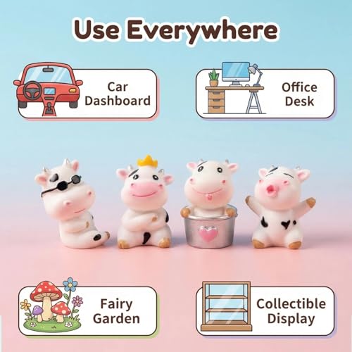 4 Pcs Mini Resin Dairy Cow Figurines, Cute Car Dashboard Decor, Funny Rearview Mirror Ornaments, Fairy Garden Landscape, Gift for Pet Lovers (White Dairy Cow)