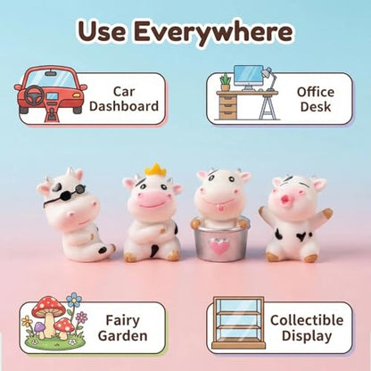 4 Pcs Mini Resin Dairy Cow Figurines, Cute Car Dashboard Decor, Funny Rearview Mirror Ornaments, Fairy Garden Landscape, Gift for Pet Lovers (White Dairy Cow)