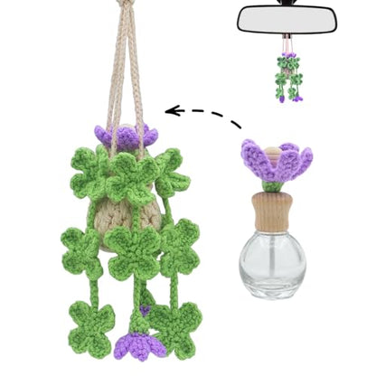 ROFIGL Handmade Crochet Hanging Car Air Freshener - Lucky 4-Leaf Clover Charm with 12ml Refillable Glass Essential Oil Diffuser Bottle, St. Patrick's Day Car Accessories & Bedroom Lucky Decor - style: Clover