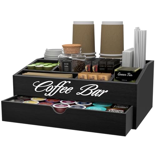 Coffee Bar Station Organizer,Extra Large Wooden Countertop Pods Holder with Drawer,Storage for Condiment Syrup Tea Cups,Rustic Bar Decor for Accessories Organizer (2 Tiers 11 Compartments)-Black