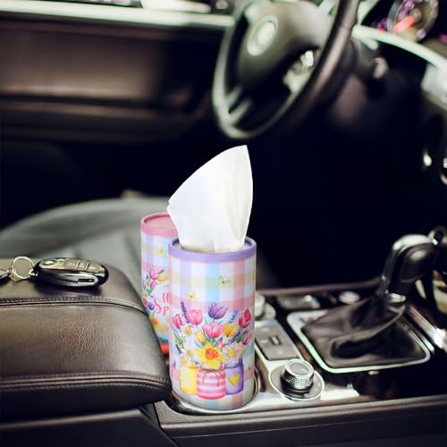 12 Pack Hello Spring Car Tissue Cylinder Holder Bulk with 3 Ply Facial Tissues Flower Round Napkin Holders for Cup Holder Cylinder Floral Mason Jar Travel Paper Tubes Bulk Napkin Boxes Packs - style: Hello Spring