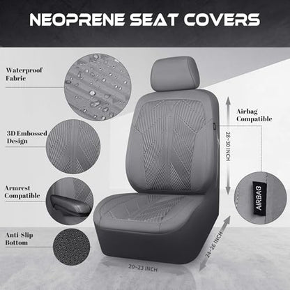 CAR PASS Waterproof Car seat Covers Full Sets Neoprene Wetsuit, All-Weather Non-Slip Durable, Universal Fit for SUV Sedans Trucks Vans Automotive, Armrest Airbag Compatible, 3D Emboss All Gray - color: ALL Gray, size: Full Set