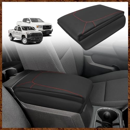 Center Console Armrest Cover Fit for Chevrolet Colorado/GMC Canyon 2023-2026 Accessories, Comfort Armrest Pad Console Lid Cushion Vegan Leather 1-Inch Extra Thick(Red Stitching) - size: 5) 23+ |Colorado & Canyon| Red Stitch, +Thick