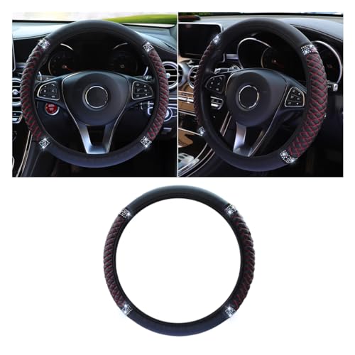 Bling Soft Leather Steering Wheel Cover, 15 Inch Colorful Rhinestones Auto Elastic Protector with Crystal Diamond for Women Girls, Car Accessories for Most Cars, SUVs (Black Red) - color: Black Red