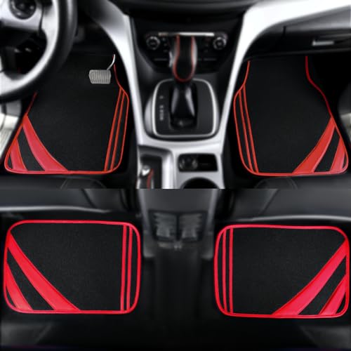 CAR PASS Red Edge Leather Car Floor Mats, Universal Waterproof Car Mats with Double Stitch Line and Anti-Slip Backing Design, for Cute Girly Women, Fit 95% Automotive,SUVs,Sedan,Vans (Black and Red)
