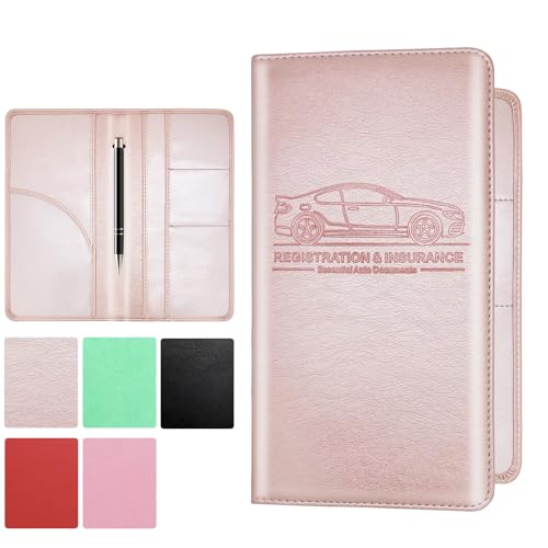 PLOJOP Car Registration and Insurance Card Holder, Leather Vehicle Insurance Card Holder Glove Box Compartment Organizer, Car Wallet Case for License Cards, ID Card, Business Card (Rose gold, L) - color: Rose gold