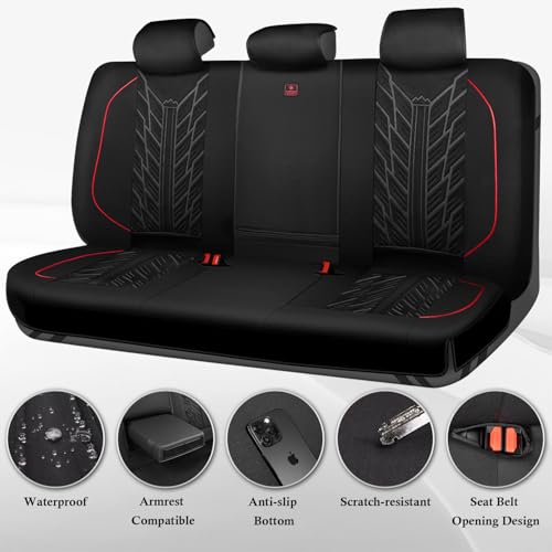 CAR PASS Waterproof Split Bench Seat Covers,Neoprene Rear Seat Covers,All-Weather Non-Slip Durable, Universal Fit for SUVs Sedans Trucks Vans Automotive,Black - color: rear-black and red