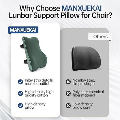 Plush & Comfortable Memory Foam Lumbar Support Pillow - Soft Back Cushion for Office Chair, Car Seat, Gaming Chair - Ergonomic Lower Back Pain Relief with Adjustable Straps & Washable Cover-Dark Green