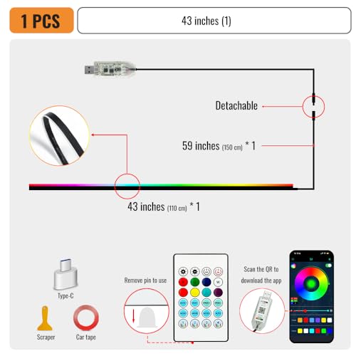 Ambient Lighting Car Led Lights Interior,43.3’’ USB Powered Acrylic Neon Flexible Strip Fiber Optic LED Ambient Lighting Kits with Remote APP, RGB Music Lights Sync for Inside car Dashboard - size: 1 in 1 (43.3inch*1)