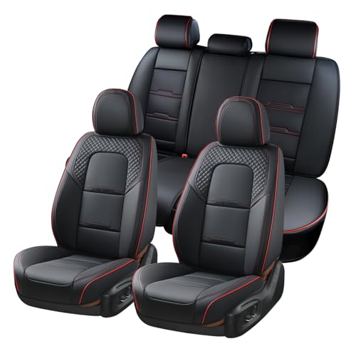 Coverado Car Seat Covers Full Set, 5 Piece Car Seat Protector with Removable Headrest, Nappa Leather Breathable Front Rear Seat Cushion Side All Wrapped Universal Fit Truck Most Cars Black & Red