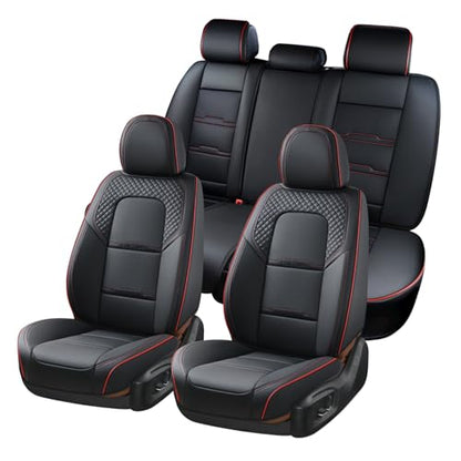 Coverado Car Seat Covers Full Set, 5 Piece Car Seat Protector with Removable Headrest, Nappa Leather Breathable Front Rear Seat Cushion Side All Wrapped Universal Fit Truck Most Cars Black & Red