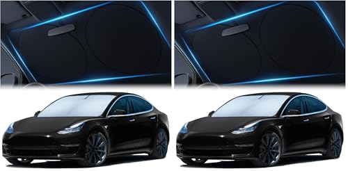 Magnelex Tesla Windshield Sun Shade (Model 3/Y), Reflective Polyester Blocks Heat & Sun, Foldable Car Window Sun Blocker, Mirror Cut-Out, Fade-Resistant Sunshade, Tesla 3 Accessories (Pack of 2) - size: MODEL 3/Y (Pack of 2)