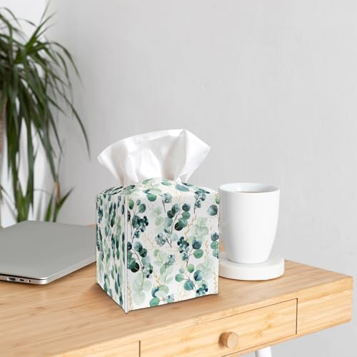 Tissue Box Cover Holder - Eucalyptus Leaves PU Leather Tissue Box Cover with Bottom Belt, Square Facial Paper Organizer for Tabletop, Bathroom, Kitchen, Car & Office -044 - color: Eucalyptus Leaves