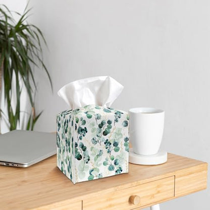 Tissue Box Cover Holder - Eucalyptus Leaves PU Leather Tissue Box Cover with Bottom Belt, Square Facial Paper Organizer for Tabletop, Bathroom, Kitchen, Car & Office -044 - color: Eucalyptus Leaves