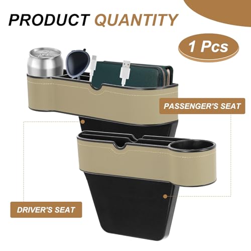 HARFINGTON Car Seat Gap Filler Organizer 10.6 x 7.1 x 2.8 Inch ABS+Leather Universal Car Organizer Storage Box Between Seat and Console (Left) with Cup Holders for Phone Keys, Beige - color: Beige