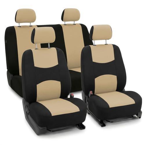 FH Group Automotive Seat Covers Flat Cloth Full Set Beige Combo Small Car Seat Cover Design, Rear Solid Bench Universal Fit and Car Seat Protector for Vans Cars Trucks and SUV Interior Accessories - color: Beige
