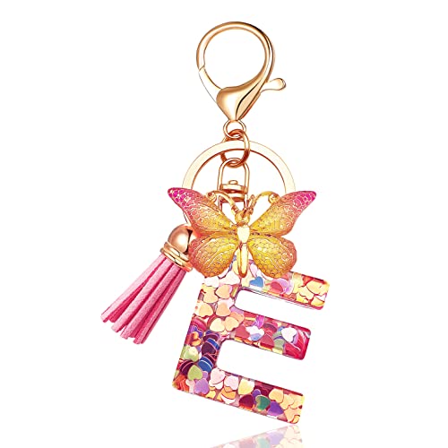 JINGUAZI Initial letter Keychains for Women Tassel Butterfly Pink Purple Cute Car Keychain for Wallet Backpack bag charm - color: E-pink