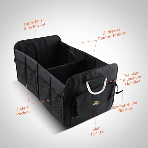 Armor All Car Trunk Organizer, Collapsible Multi-Compartment Car Organizers with Strong Aluminum Handles Foldable and Waterproof, Suitable for Any Car, SUV, Mini-Van, Black