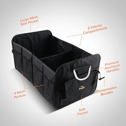 Armor All Car Trunk Organizer, Collapsible Multi-Compartment Car Organizers with Strong Aluminum Handles Foldable and Waterproof, Suitable for Any Car, SUV, Mini-Van, Black