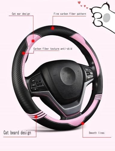 Cat Steering Wheel Cover for Women Girl Universal Microfiber Leather car Steering Wheel Covers 15 inch Anti-Slip auto Interior Accessories (B Pink) - color: B PINK