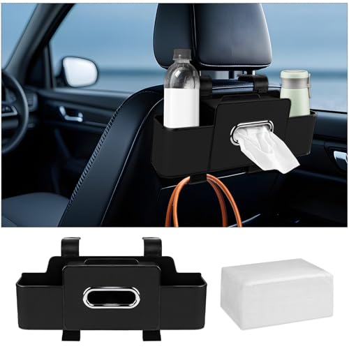 Car Back Seat Organizer with Tissue, Car Seat Back Tissue Box and Storage Hook, Multifunctional Car Organizer for Hold Phone,Drinks,Handbag,Compatible with Most Vehicles (Black) - color: Black