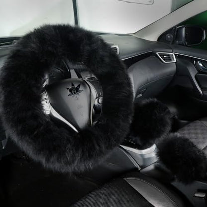 Fluffy Genuine Sheepskin Steering Wheel Cover Set for Women Parents-Fuzzy Soft Australian Merino Wool Wrap with Gear Shift and Hand Brake Covers, Cozy Stylish Luxury Car Accessories (Black) - color: Black