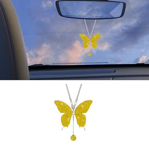 Bling Butterfly Diamond Car Accessories, Crystal Car Rear View Mirror Charms for Women, Auto Decoration Lucky Hanging Interior Crystal Ornament Pendant Decor for All Cars (Yellow) - color: Yellow