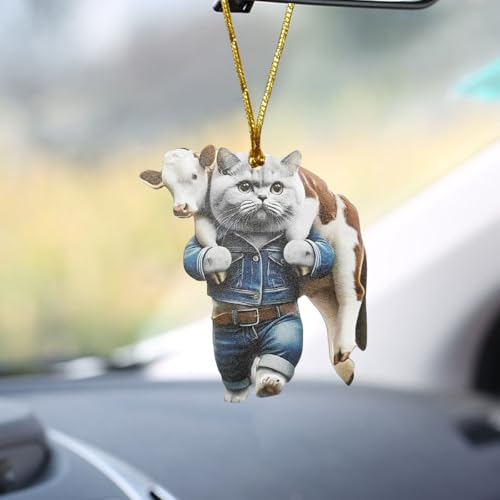 2D Flat Cat Car Rear View Mirror Charm, Acrylic Car Rear View Mirror Hanging Ornament, Christmas Tree Decoration Present, Auto Interior Pendant Accessories for Window (Cat/Cow) - color: Cat/Cow