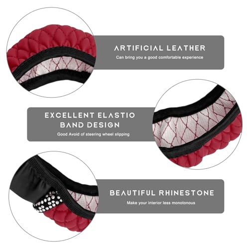 Bling Car Steering Wheel Cover, 15 Inch Sparkly Rhinestone Soft Leather Steering Wheel Protector, Non-Slip Universal Auto Elastic Steering Wheel Covers for Women Girls (Wine Red) - color: Wine Red