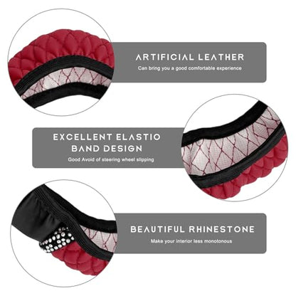 Bling Car Steering Wheel Cover, 15 Inch Sparkly Rhinestone Soft Leather Steering Wheel Protector, Non-Slip Universal Auto Elastic Steering Wheel Covers for Women Girls (Wine Red) - color: Wine Red