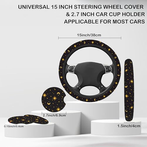 Sun Moon Star Steering Wheel Cover with 2 Pcs Car Coasters Neoprene Steering Wheel Cover for Women Men Anti-Slip Breathable Car Accessories Universal 15 Inch Fit Auto Cars Trucks - color: Sun Moon Star