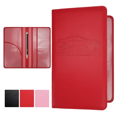 Car Registration and Insurance Card Holder, Leather License Document Red Glove Box Compartment Organizer, Car Wallet Case for Essential Info, License Cards, ID Card - color: Red