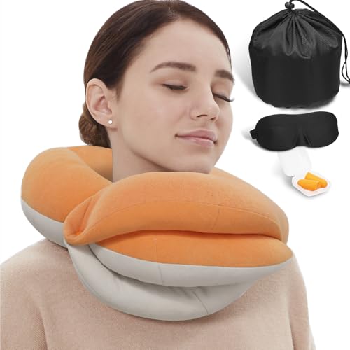 BUYUE Travel Neck Pillows for Airplanes, Memory Foam 360° Head Support Sleep for Long Flight, Skin-Friendly & Breathable, Kit with Eye Mask, Earplugs and Storage Bag (Adult, Orange, 90+ lbs) - color: Orange, size: Adult