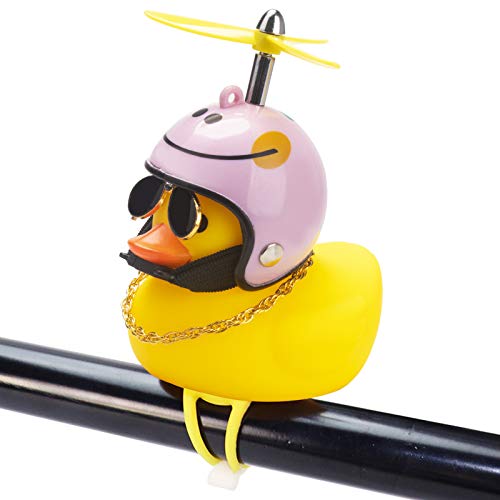 Rubber Duck Toy Car Ornaments Yellow Duck Car Dashboard Decorations Squeeze Duck Bicycle Horns with Propeller Helmet - color: Pink Smile-Light