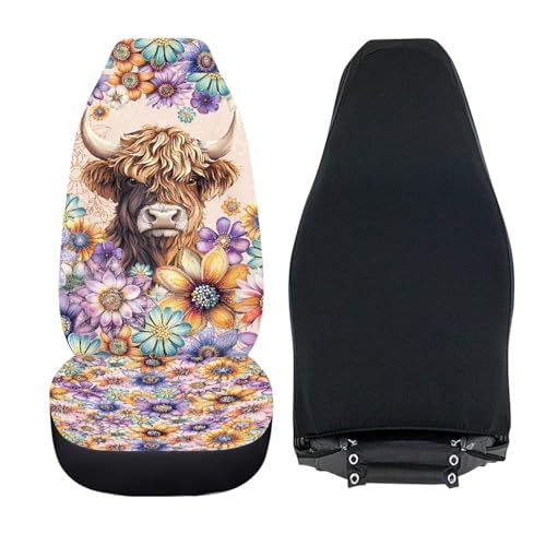 Bohu Flower Highland Cow Print Car Seat Covers Front Seats Only,Universal Fit Most Cars,Truck,SUV,or Van - color: Bohu Flower Highland Cow