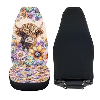 Bohu Flower Highland Cow Print Car Seat Covers Front Seats Only,Universal Fit Most Cars,Truck,SUV,or Van - color: Bohu Flower Highland Cow