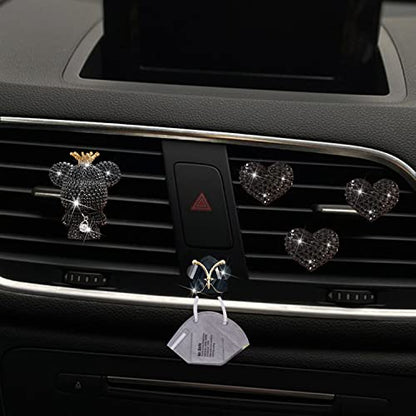 Black Heart & Bear Air Vent Clips, 4 Pcs Bling Heart Car Air Fresheners Diamond Car Diffuser Car Interior Decor Charm Cute Car Accessories Car Decoration for Women + Cute Butterfly Mask Hook