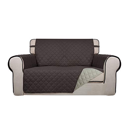 PureFit Reversible Quilted Sofa Cover, Water Resistant Medium Slipcover Furniture Protector, Washable Couch Cover with Non Slip Foam and Elastic Straps for Kids, Dogs, Pets (Loveseat, Chocolate/Beige) - color: Chocolate/Beige, size: Medium