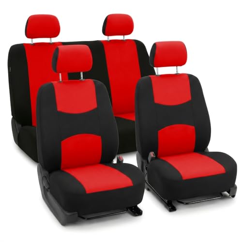 FH Group Bright Flat Cloth Full Set Automotive Seat Covers Front Set and Rear Solid Bench Red Black Seat Covers w. Gift Universal Fit Interior Accessories for Cars Trucks and SUVs - color: Red