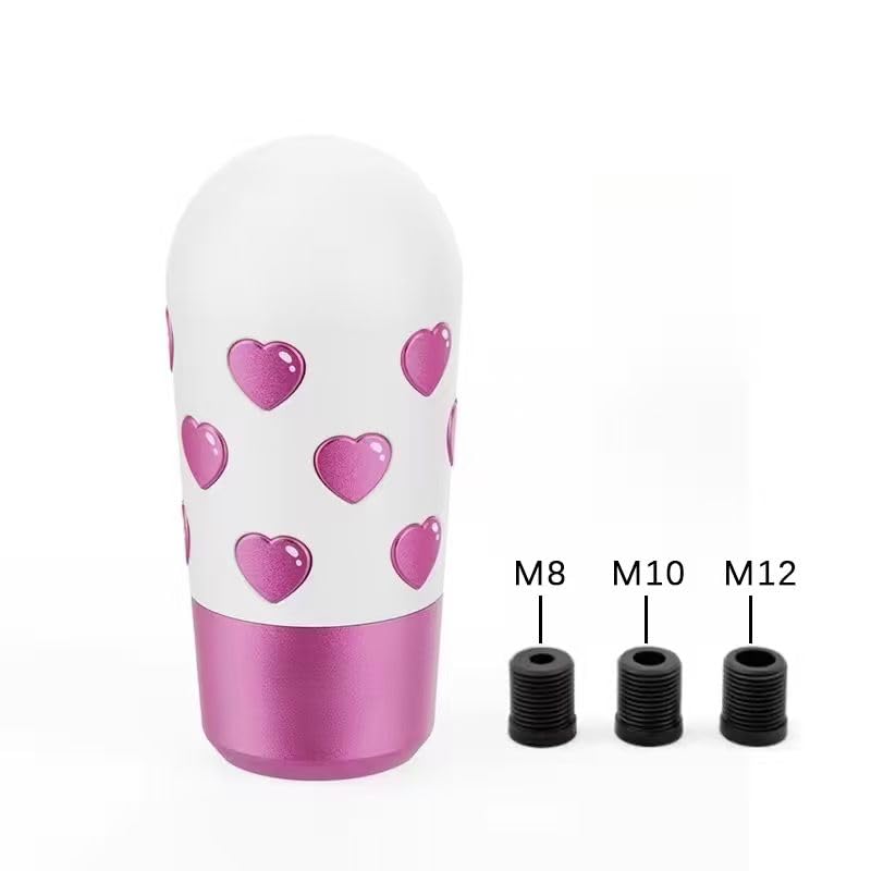 Hearts & Passion Universal Car Gear Shift Knob, White and Pink Metallic with Heart Pattern, M8 M10 M12 Adapters, Manual Transmission Lever
